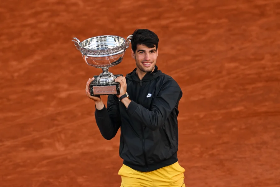 Carlos Alcaraz with the Roland Garros trophy after winning the 2024 final