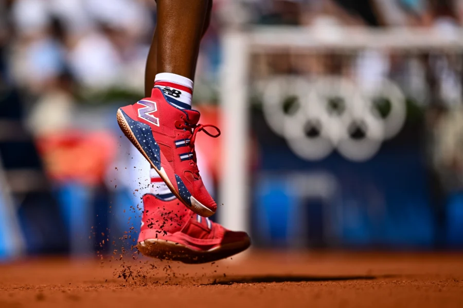 Tennis player's shoes lifting off the clay, Paris 2024 Olympic Games
