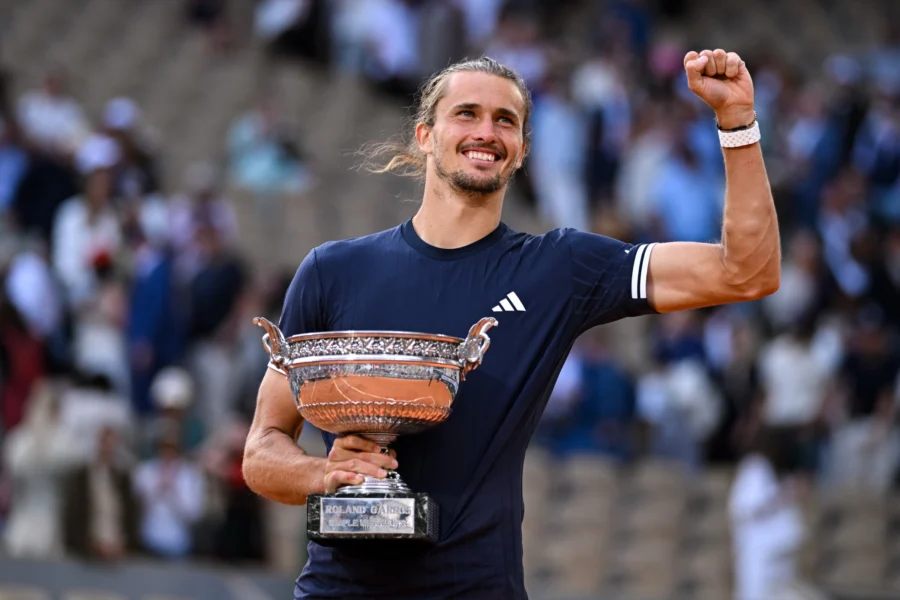 Alexander Zverev celebrating with the Roland Garros trophy, 2026